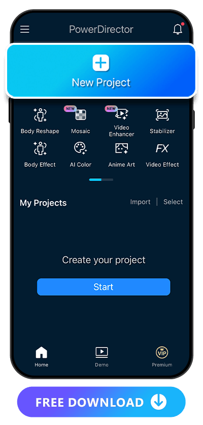 파워디렉터 메인 화면 – ‘새 프로젝트’ 버튼 강조